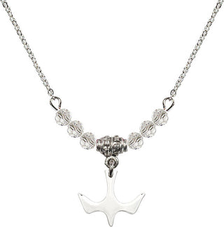 18" Rhodium Plated Necklace with 4mm Crystal Beads featuring a Sterling Silver Holy Spirit Medal.