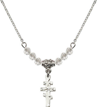 18" Rhodium Plated Necklace with 4mm Crystal Beads featuring a Sterling Silver Greek Orthadox Cross Medal.