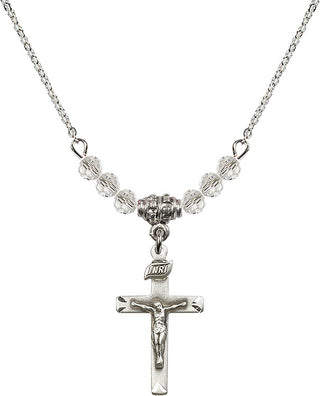 18" Rhodium Plated Necklace with 4mm Crystal Beads featuring a Sterling Silver Crucifix Medal.
