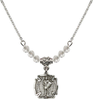 18" Rhodium Plated Necklace with 4mm Crystal Beads featuring a Sterling Silver Saint Florian Medal. Engraved Catholic Saint Jewelry