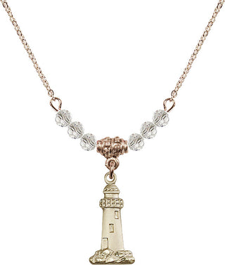 18" Hamilton Gold Plated Necklace with 4mm Crystal Beads featuring a 14kt Gold Filled Lighthouse Medal.