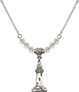 18" Rhodium Plated Necklace with 4mm Crystal Beads featuring a Sterling Silver Lighthouse Medal.