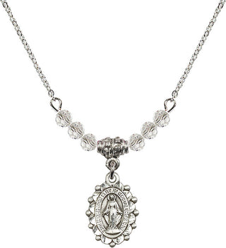 18" Rhodium Plated Necklace with 4mm Crystal Beads featuring a Sterling Silver Miraculous Medal.