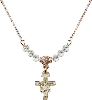 18" Hamilton Gold Plated Necklace with 4mm Crystal Beads featuring a 14kt Gold Filled San Damiano Crucifix Medal.
