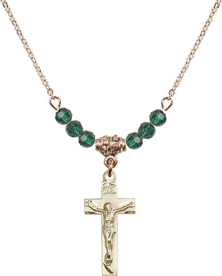 18" Hamilton Gold Plated Necklace with 4mm Emerald Crystal Beads featuring a 14kt Gold Filled Crucifix Medal.