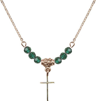 18" Hamilton Gold Plated Necklace with 4mm Emerald Crystal Beads featuring a 14kt Gold Filled Cross Medal.