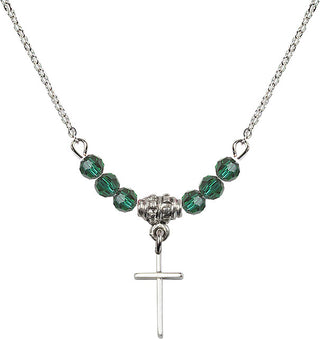 18" Rhodium Plated Necklace with 4mm Emerald Crystal Beads featuring a Sterling Silver Cross Medal.