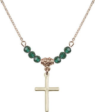 18" Hamilton Gold Plated Necklace with 4mm Emerald Crystal Beads featuring a 14kt Gold Filled Cross Medal.