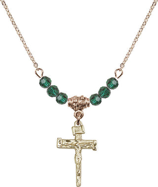 18" Hamilton Gold Plated Necklace with 4mm Emerald Crystal Beads featuring a 14kt Gold Filled Nail Crucifix Medal.