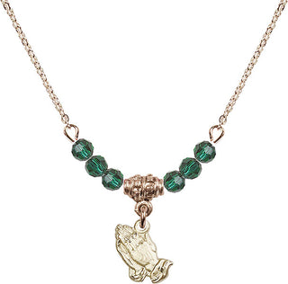 18" Hamilton Gold Plated Necklace with 4mm Emerald Crystal Beads featuring a 14kt Gold Filled Praying Hands Medal.