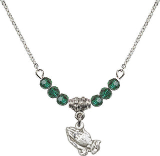 18" Rhodium Plated Necklace with 4mm Emerald Crystal Beads featuring a Sterling Silver Praying Hands Medal.