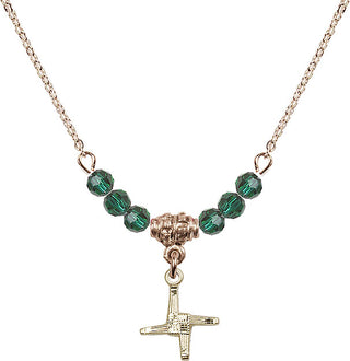 18" Hamilton Gold Plated Necklace with 4mm Emerald Crystal Beads featuring a 14kt Gold Filled Saint Brigid Cross Medal.
