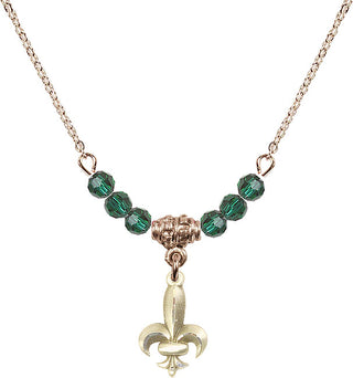 18" Hamilton Gold Plated Necklace with 4mm Emerald Crystal Beads featuring a 14kt Gold Filled Fleur de Lis Medal.