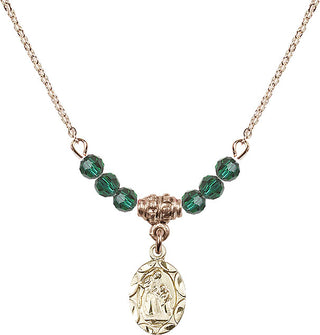 18" Hamilton Gold Plated Necklace with 4mm Emerald Crystal Beads featuring a 14kt Gold Filled Saint Ann Medal.