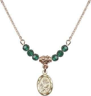 18" Hamilton Gold Plated Necklace with 4mm Emerald Crystal Beads featuring a 14kt Gold Filled Saint Christopher Medal.