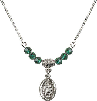 18" Rhodium Plated Necklace with 4mm Emerald Crystal Beads featuring a Sterling Silver Saint Christopher Medal.