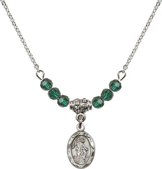 18" Rhodium Plated Necklace with 4mm Emerald Crystal Beads featuring a Sterling Silver Guardian Angel Medal.