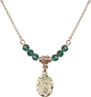 18" Hamilton Gold Plated Necklace with 4mm Emerald Crystal Beads featuring a 14kt Gold Filled Our Lady of Guadalupe Medal.