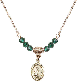 18" Hamilton Gold Plated Necklace with 4mm Emerald Crystal Beads featuring a 14kt Gold Filled Saint Jude Medal.
