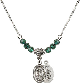 18" Rhodium Plated Necklace with 4mm Emerald Crystal Beads featuring a Sterling Silver Miraculous Medal.