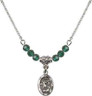 18" Rhodium Plated Necklace with 4mm Emerald Crystal Beads featuring a Sterling Silver Saint Michael the Archangel Medal.