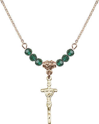 18" Hamilton Gold Plated Necklace with 4mm Emerald Crystal Beads featuring a 14kt Gold Filled Papal Crucifix Medal.