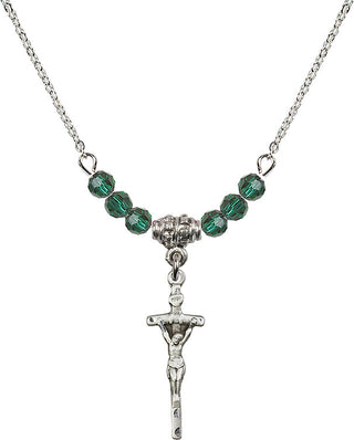 18" Rhodium Plated Necklace with 4mm Emerald Crystal Beads featuring a Sterling Silver Papal Crucifix Medal.