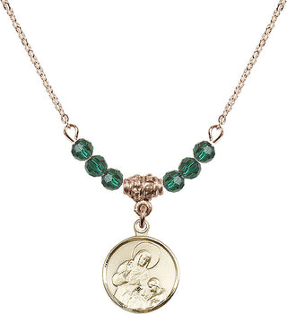 18" Hamilton Gold Plated Necklace with 4mm Emerald Crystal Beads featuring a 14kt Gold Filled Saint Ann Medal. Engraved Catholic Saint Jewelry