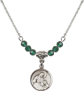 18" Rhodium Plated Necklace with 4mm Emerald Crystal Beads featuring a Sterling Silver Saint Ann Medal. Engraved Catholic Saint Jewelry
