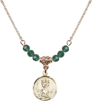 18" Hamilton Gold Plated Necklace with 4mm Emerald Crystal Beads featuring a 14kt Gold Filled Saint Christopher Medal. Engraved Catholic Saint Jewelry
