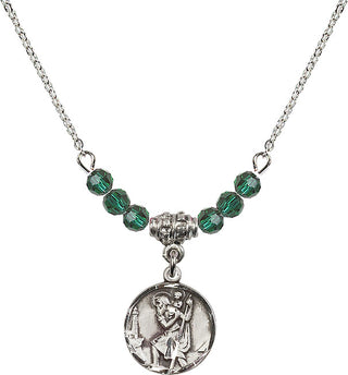 18" Rhodium Plated Necklace with 4mm Emerald Crystal Beads featuring a Sterling Silver Saint Christopher Medal. Engraved Catholic Saint Jewelry