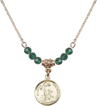 18" Hamilton Gold Plated Necklace with 4mm Emerald Crystal Beads featuring a 14kt Gold Filled Guardian Angel Medal. Engraved Catholic Saint Jewelry