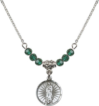 18" Rhodium Plated Necklace with 4mm Emerald Crystal Beads featuring a Sterling Silver Our Lady of Guadalupe Medal. Engraved Catholic Saint Jewelry