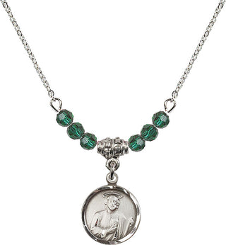18" Rhodium Plated Necklace with 4mm Emerald Crystal Beads featuring a Sterling Silver Saint Jude Medal. Engraved Catholic Saint Jewelry