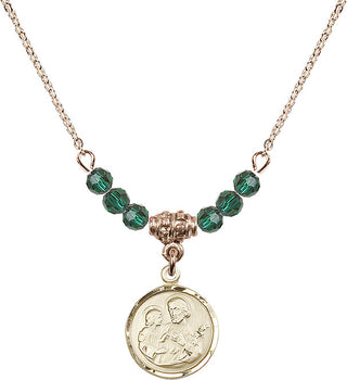 18" Hamilton Gold Plated Necklace with 4mm Emerald Crystal Beads featuring a 14kt Gold Filled Saint Joseph Medal. Engraved Catholic Saint Jewelry