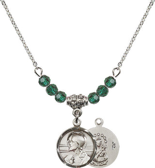 18" Rhodium Plated Necklace with 4mm Emerald Crystal Beads featuring a Sterling Silver Scapular Medal.