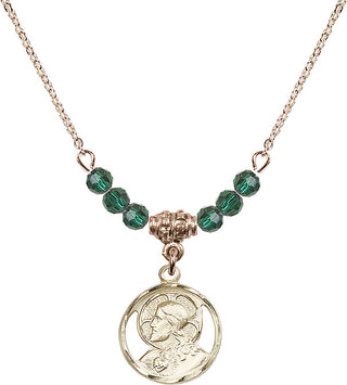 18" Hamilton Gold Plated Necklace with 4mm Emerald Crystal Beads featuring a 14kt Gold Filled Scapular Medal.