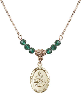 18" Hamilton Gold Plated Necklace with 4mm Emerald Crystal Beads featuring a 14kt Gold Filled Saint Gerard Medal. Engraved Catholic Saint Jewelry