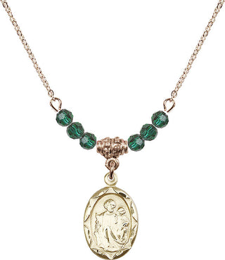 18" Hamilton Gold Plated Necklace with 4mm Emerald Crystal Beads featuring a 14kt Gold Filled Saint Joseph Medal. Engraved Catholic Saint Jewelry