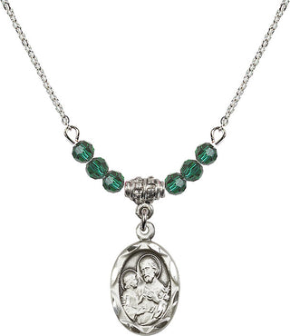 18" Rhodium Plated Necklace with 4mm Emerald Crystal Beads featuring a Sterling Silver Saint Joseph Medal. Engraved Catholic Saint Jewelry