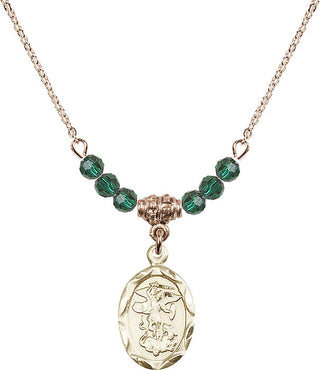 18" Hamilton Gold Plated Necklace with 4mm Emerald Crystal Beads featuring a 14kt Gold Filled Saint Michael the Archangel Medal.
