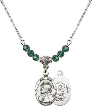 18" Rhodium Plated Necklace with 4mm Emerald Crystal Beads featuring a Sterling Silver Scapular Medal.