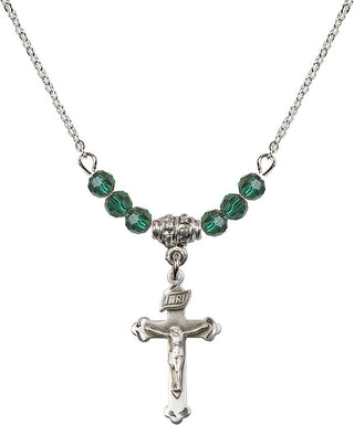 18" Rhodium Plated Necklace with 4mm Emerald Crystal Beads featuring a Sterling Silver Crucifix Medal.