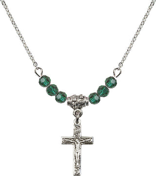 18" Rhodium Plated Necklace with 4mm Emerald Crystal Beads featuring a Sterling Silver Crucifix Medal.