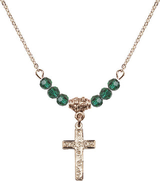 18" Hamilton Gold Plated Necklace with 4mm Emerald Crystal Beads featuring a 14kt Gold Filled Cross Medal.