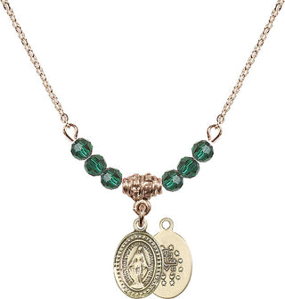 18" Hamilton Gold Plated Necklace with 4mm Emerald Crystal Beads featuring a 14kt Gold Filled Miraculous Medal.