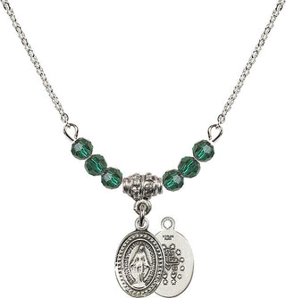 18" Rhodium Plated Necklace with 4mm Emerald Crystal Beads featuring a Sterling Silver Miraculous Medal.
