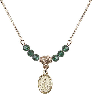 18" Hamilton Gold Plated Necklace with 4mm Emerald Crystal Beads featuring a 14kt Gold Filled Miraculous Medal.