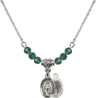 18" Rhodium Plated Necklace with 4mm Emerald Crystal Beads featuring a Sterling Silver Miraculous Medal.
