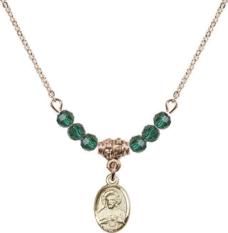 18" Hamilton Gold Plated Necklace with 4mm Emerald Crystal Beads featuring a 14kt Gold Filled Scapular Medal.